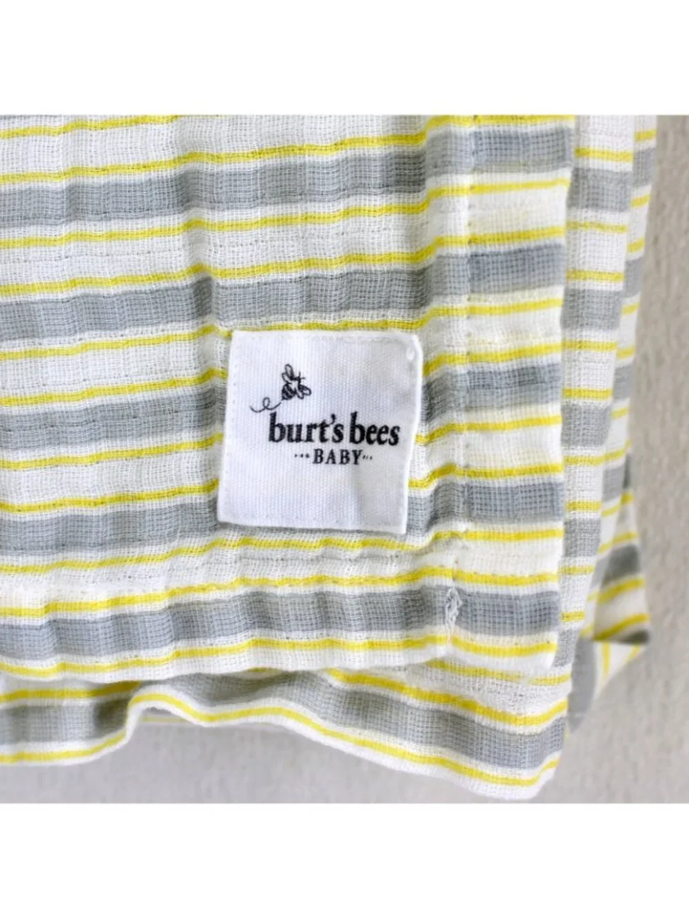 Burts Bee Muslin Baby Blanket Yellow Gray White Stripe Organic Cotton Swaddle